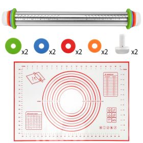 Dough Rolling Pin Dough Roller Stainless Steel Rolling Pins with 4 Removable Adjustable Thickness Rings and Rolling Mat   Red