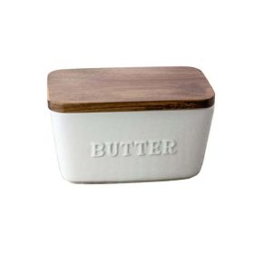 Better Homes   Gardens  White and Acacia Wood Porcelain Embossed Butter Dish   Better Homes   Gardens